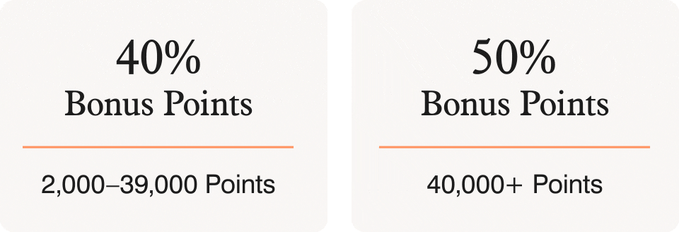 Up to 40% Bonus Points. 2,000&ndash;39,000 Points. Up to 50% Bonus Points. 40,000+ Points.