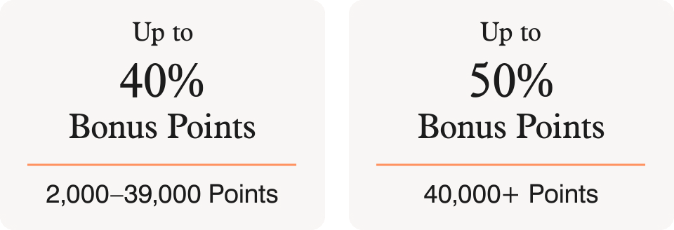 Up to 40% Bonus Points. 2,000&ndash;39,000 Points. Up to 50% Bonus Points. 40,000+ Points.
