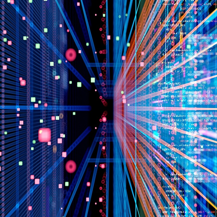 Abstract digital scene showing streams of data, colorful lines, and floating code elements converging in a futuristic network environment