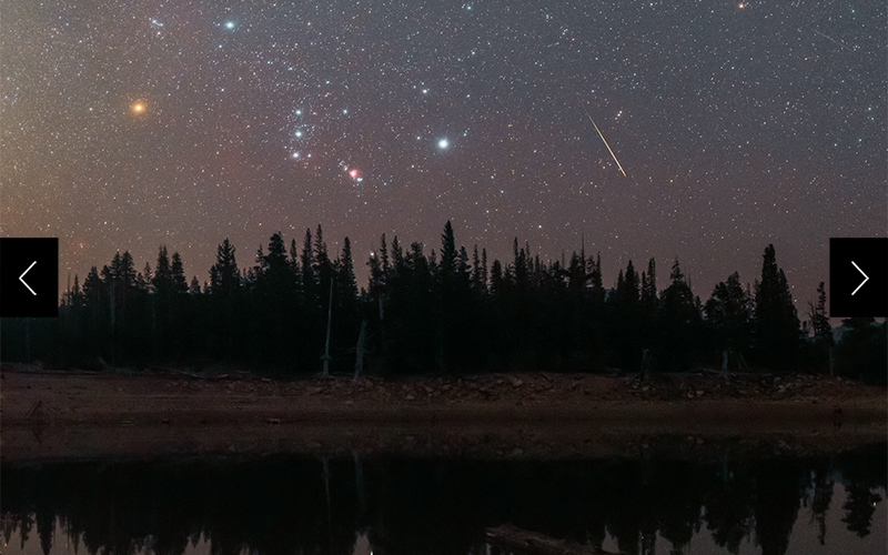 Orion, the Hunter,  is seen just above the tree line by Mammoth Lakes in California. One of the oldest constellation figures, many stories are attached to Orion, a great hunter in Greco-Roman myths.