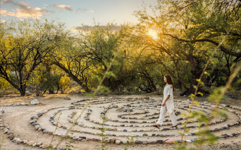 A woman walking the meditation labyrinth at Canyon Ranch in Tucson, Arizona.