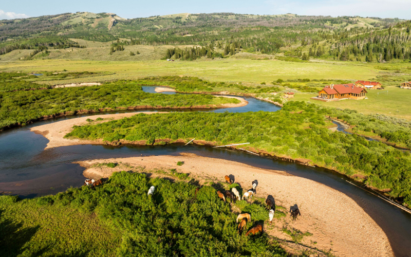 Aerial view of Darwin Ranch featuring horses grazing.