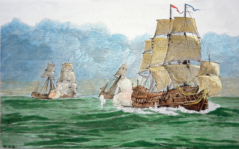 Colored engraving of “Avery Chasing the Great Mogul’s Ship” from 1890.