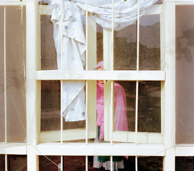 A young woman stares out a window