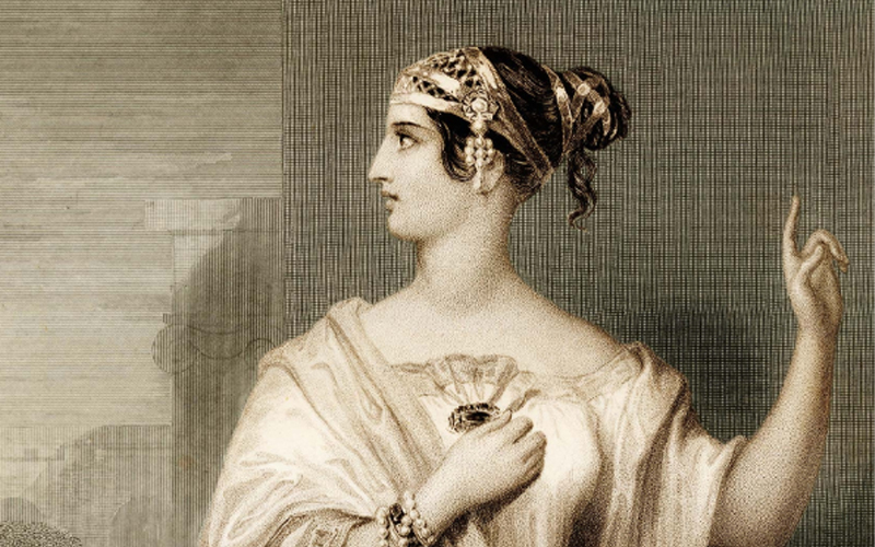 Portia Catonis is shown looking to the left and holding up her right hand in an 1840 engraving. 