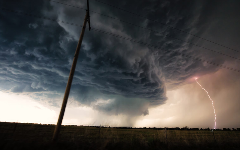 A mesocyclone moves across the evening sky in Elk City, Oklahoma.