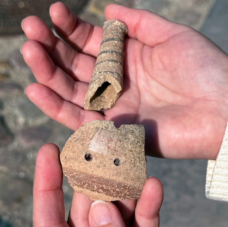 Fragments of an ancient rattle found at the Hama site in Syria. 