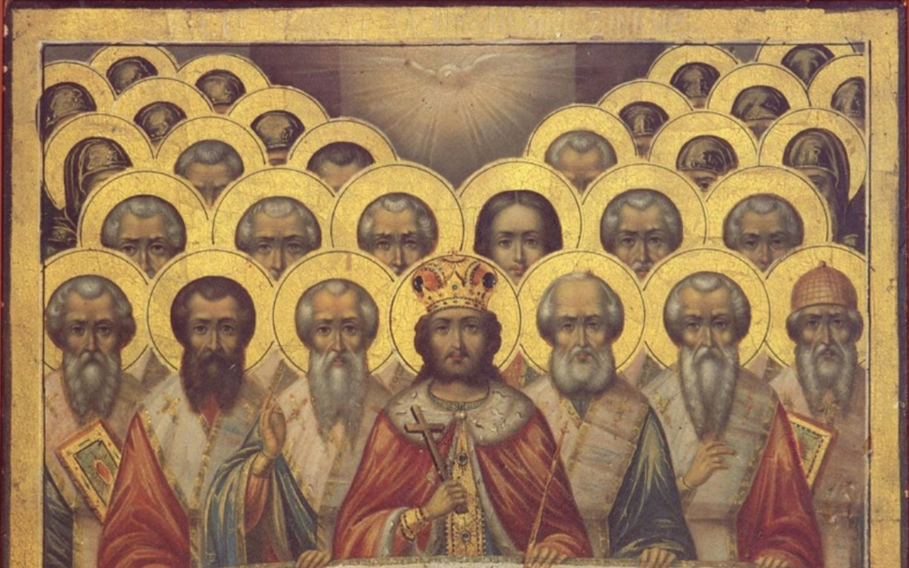 Icon depicting the Emperor Constantine and the fathers of the Council of Nicaea of 325 with the Greek text of the Nicene-Constantinopolitan Creed of 381 in its liturgical form.