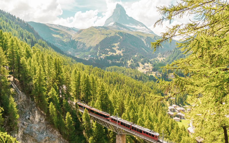 The Gornergrat train ascends 4,900 feet from Zermatt to the Gornergrat summit in Switzerland.