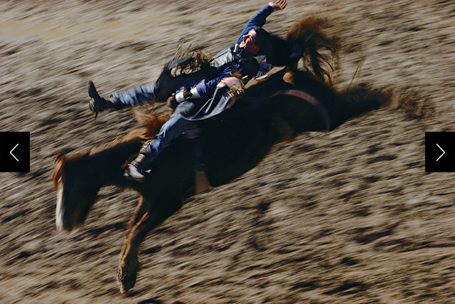A blur of a cowboy rides a horse and nearly gets knocked off.  