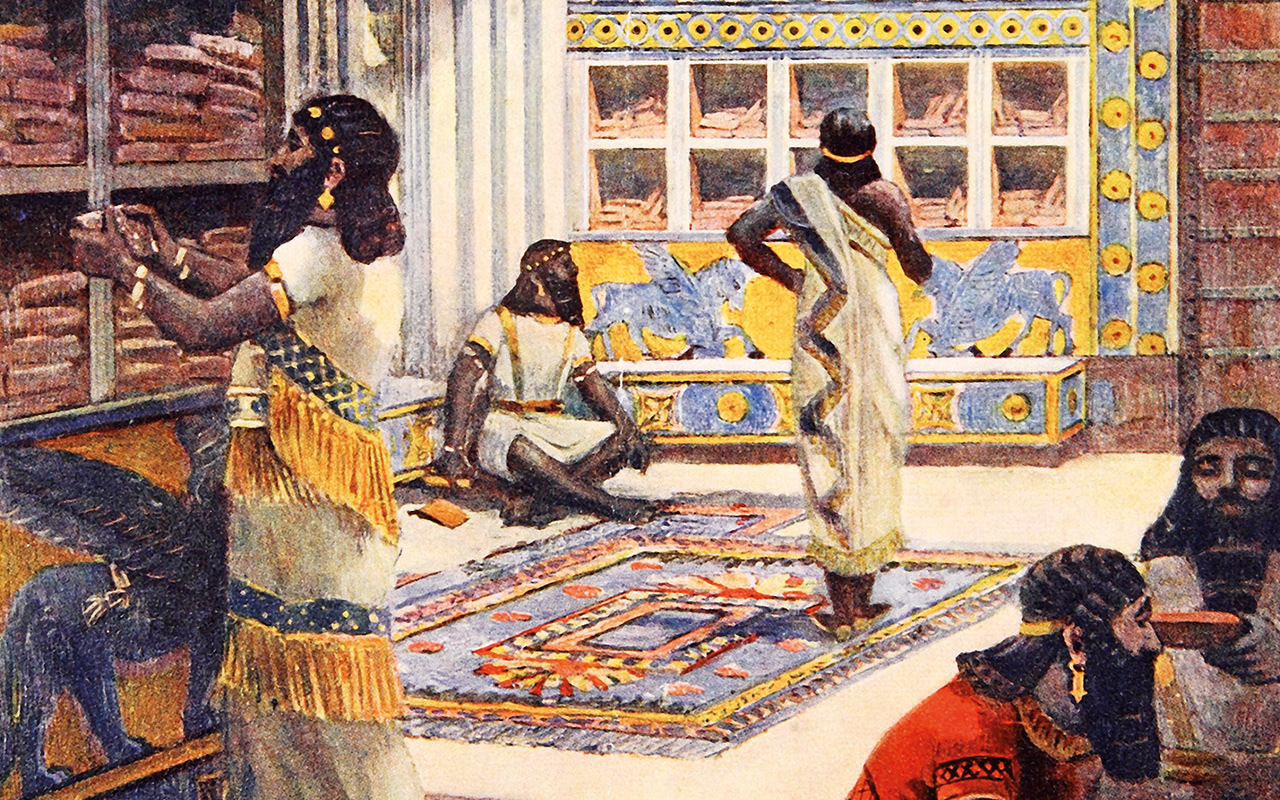 A room in Sennacherib’s palace in Nineveh with Austen Henry Layard sketching artifacts. This engraving was published in Layard’s 1853 book on the excavation at Nineveh. 