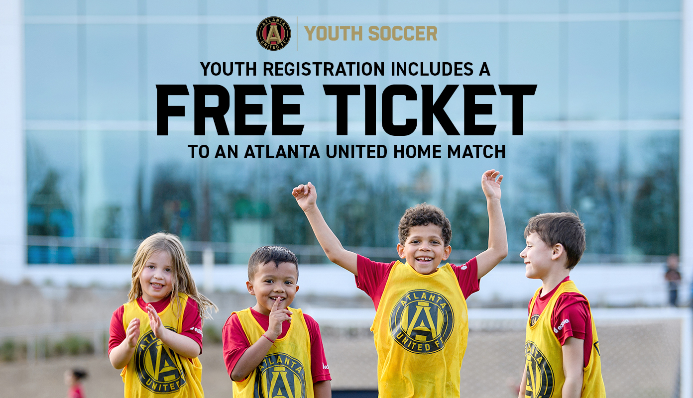 Atlanta United youth players celebrate as text reads youth registration includes a free ticket to a home matc
