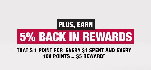 Plus, Earn 5% Back in Rewards. That's 1 point for every $1 spent and every 100 points = $5 Reward