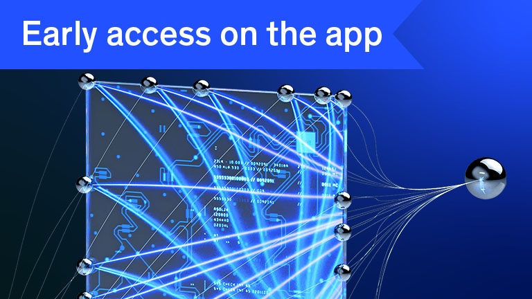  A 3D rendering of a translucent glass panel resembling a circuit board, with glowing blue lines representing data streams. Multiple metallic spheres are connected to the panel by thin lines, visually illustrating a network or interconnected system.