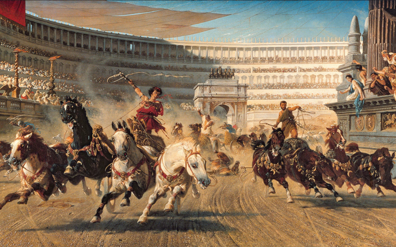A 1882 painting depicting a chariot race in Rome’s Circus Maximus. 
