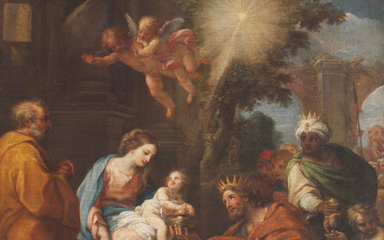 'The Adoration of the Magi' by Guiseppe Chiari (1654-1727). The Virgin Mary, seated on the left and turned to the right, shows the Christ Child to the Wise Men who have come from the east, bearing gifts and following a star. 