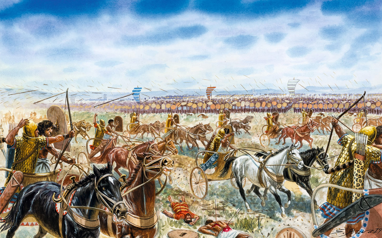 The clash at Megiddo in the 15th century B.C. between Thutmose III of Egypt and the Canaanite rebels is reimagined in this modern illustration by Giuseppe Rava.