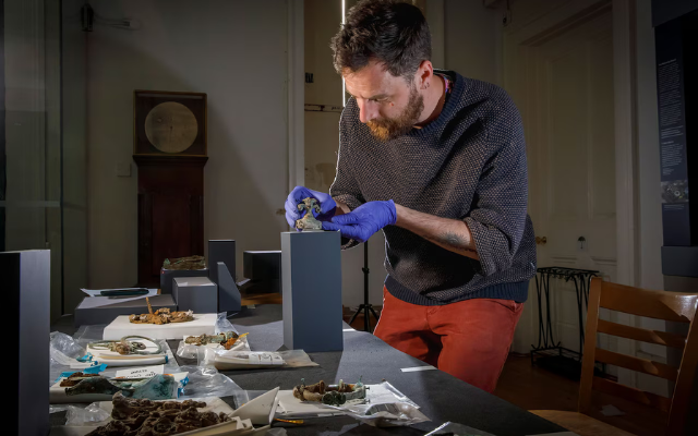 A researcher examines objects from the Melsonby Hoard. 