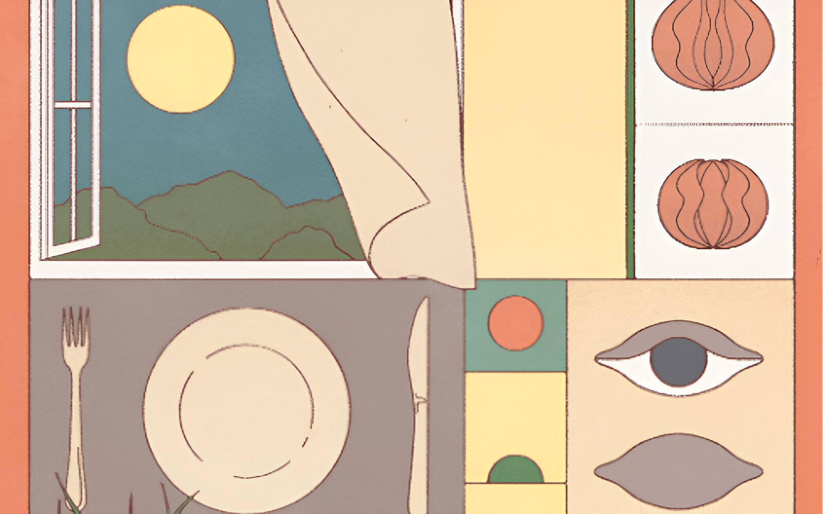 An illustration depicting different senses, including a hand touching a blade of grass, a breeze coming through an open window, piano keys, and opened and closed eyes. 