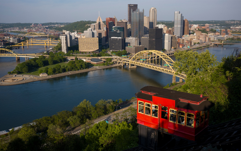 The Duquesne Incline, a funicular that opened in 1877, carries passengers up Mount Washington in Pittsburgh, Pennsylvania. 