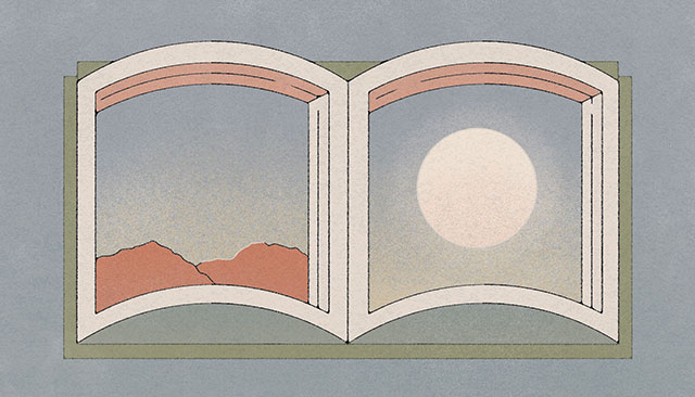 Illustration of an open book that uses book pages as a window to the outside.