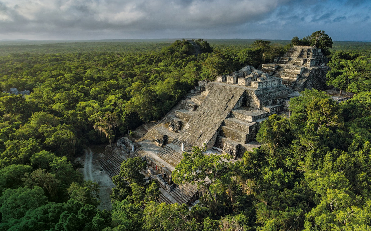 Structure II, a pyramid at Calakmul, was enlarged in several stages and reached a height of almost 200 feet. 