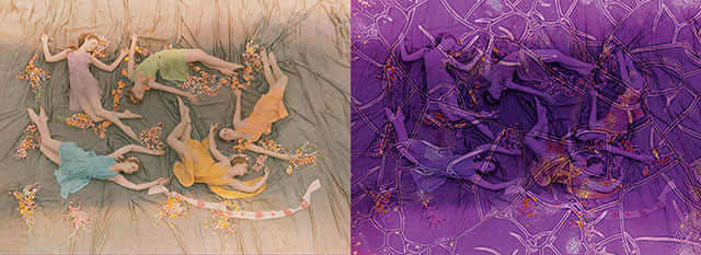 A diptyque of a 1937 photo of a dance performance in Mississippi and the same image transformed by a form of chemical deterioration known as vinegar syndrome.