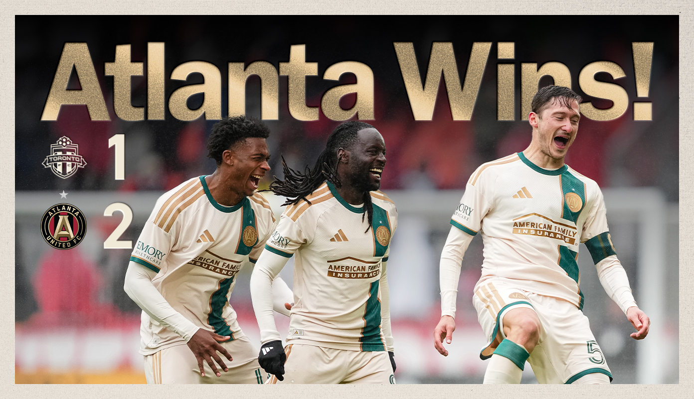 Match result graphic highlighting Atlanta United’s 2–1 victory over Toronto FC