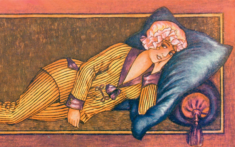 A woman lies down on a blue pillow wearing a pink hair bonnet and a striped pajama top and pants in a 1922 illustration by Xavier Sager.