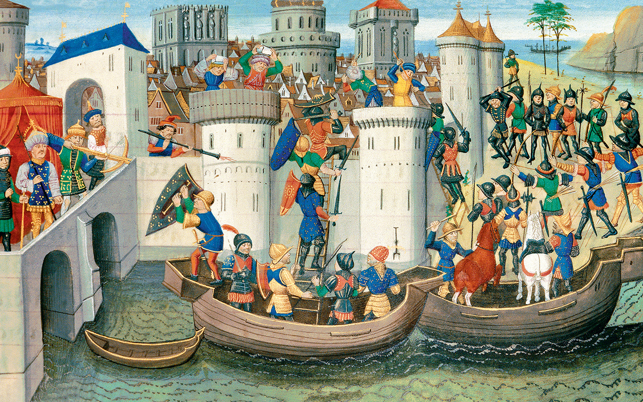 This 15th-century miniature, from a chronicle by David Aubert, shows the Crusaders arriving by sea for an assault on the walls of Constantinople on April 12, 1204. Arsenal Library, Paris.