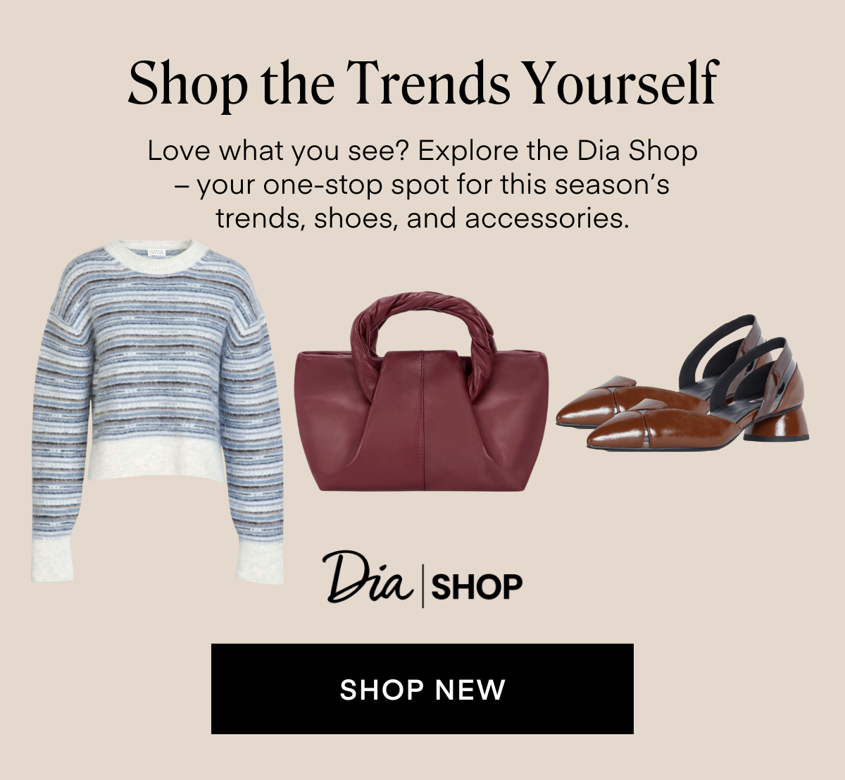 Shop the Trends Yourself Love what you see? Explore the Dia Shop – your one-stop spot for this season's trends, shoes, and accessories. SHOP NEW