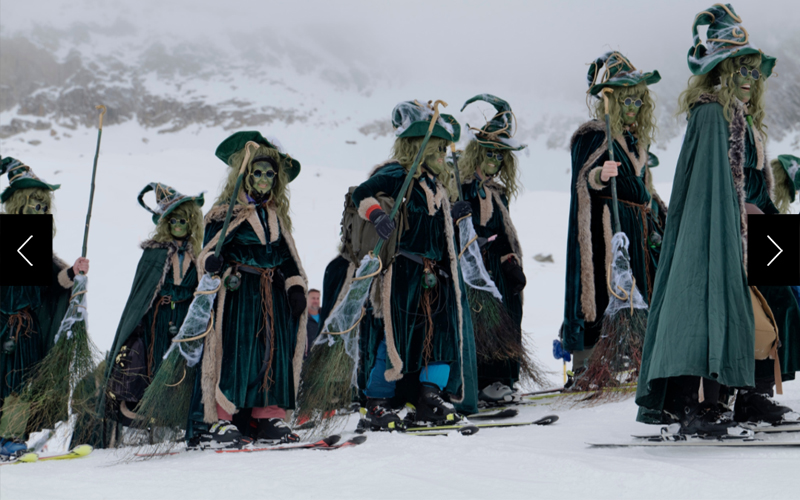 Skiers dressed in elaborate witch costumes participate in the Belalp Hexe festival in Switzerland's scenic Valais region. 