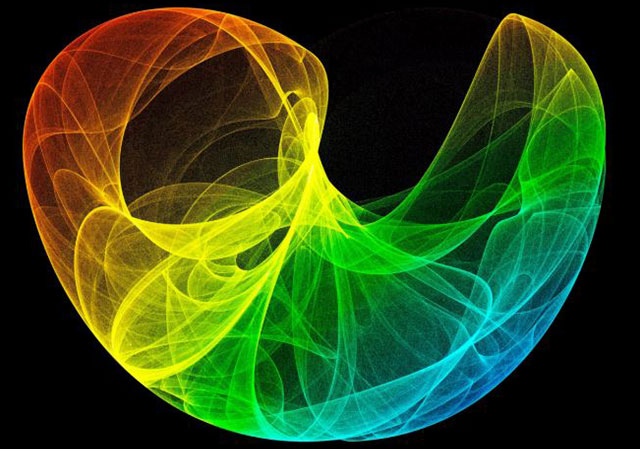 Artwork of a lorenz attractor colored in red, yellow, green and blue. In particular, the Lorenz