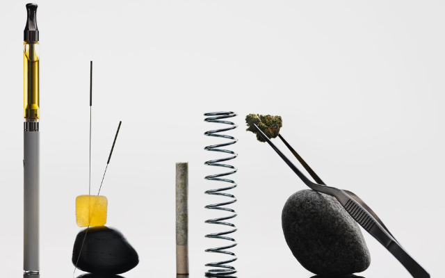 A cartridge of vape oil, gummy candy, a pre-rolled joint, and the buds the industry calls 'flower.