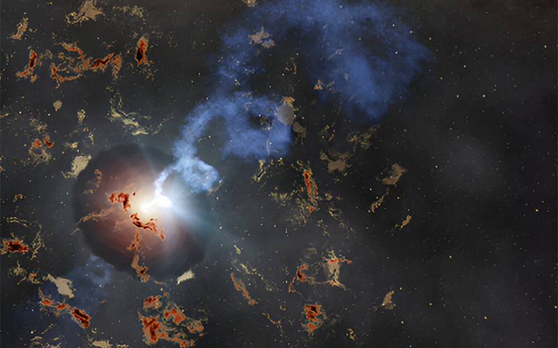 An artist’s representation of what may have caused a bright, repeating flash deep in space: a black hole accreting matter from a disk and feeding a powerful a jet.