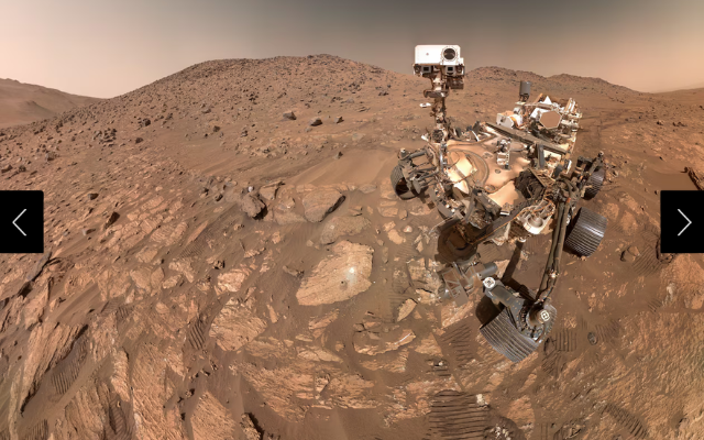 A selfie taken by NASA's Perseverance Mars rover near the arrowhead-shaped rock nicknamed 'Cheyava Falls.' 
