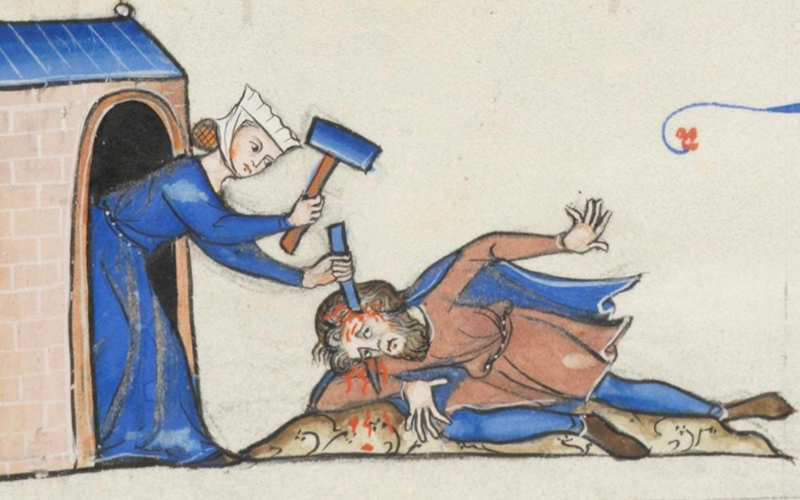Illustration from the end of the 13th century of a woman hammering a stake through a man's head.