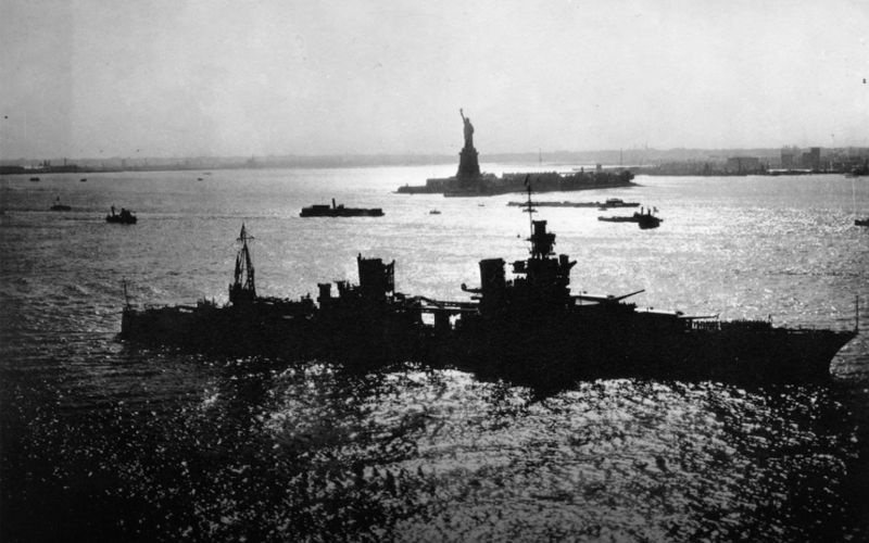 Black and white photo of the U.S.S. Indianapolis at New York City about a decade before it was sunk by a Japanese submarine.