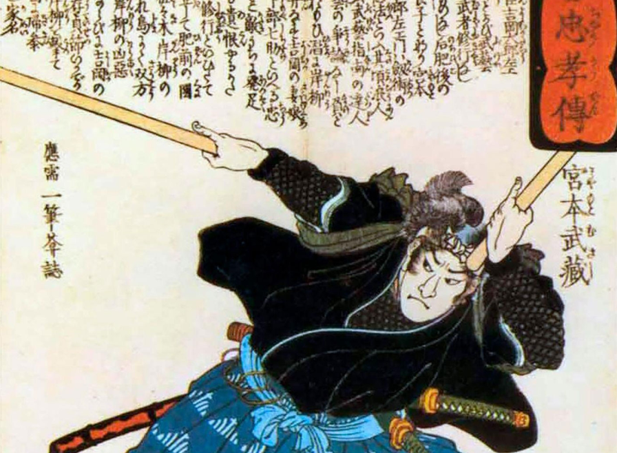 Miyamoto Musashi brandishes two bokken in this 1840s print by Utagawa Kuniyoshi.