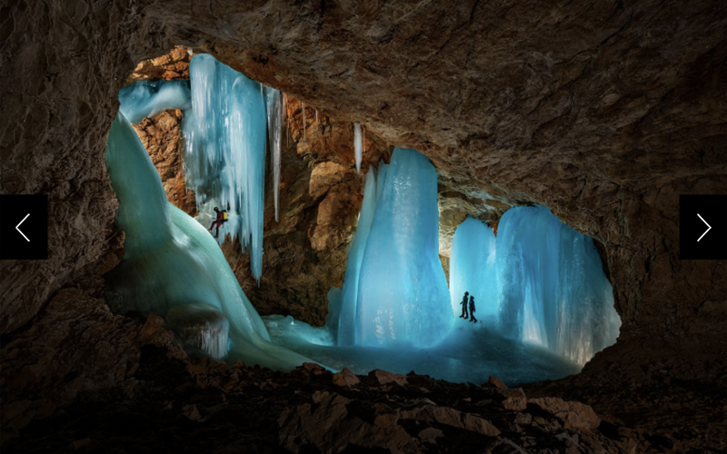 Water percolating into freezing alpine caves, high in the Tennen Mountains south of Salzburg, sculpts itself into mesmerizing structures: huge Damoclean icicles, cones rising from below, and floor-covering cascades.