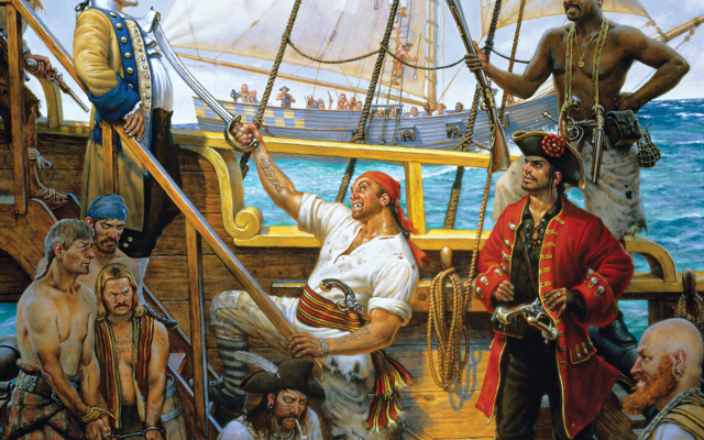 Captain Samuel Bellamy and his crew are shown claiming the Whydah Gally after a three-day chase near the Bahamas in this artist's impression.