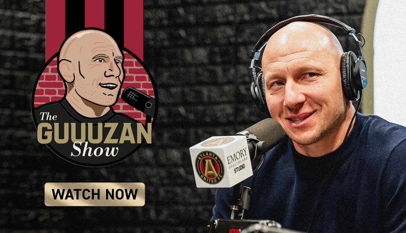 Atlanta United podcast promo showing The Guuuzan Show recording with “Watch Now” call to action