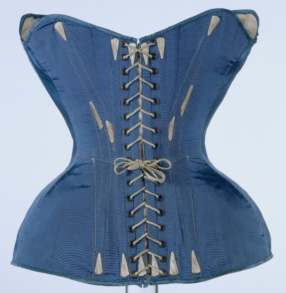 This corset was designed around 1851 with minimal, flexible boning to achieve fashionable curves. It promised its wearer a waist of just 19 inches around.