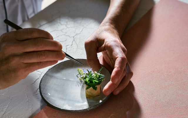 A chef uses tweezers to put the finishing touches on a gourmet dish.