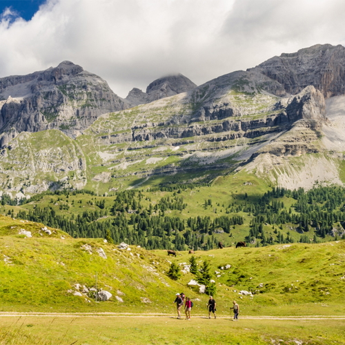 When visiting Trentino, active travelers should consider a hike to witness the natural beauty of the North Brenta Dolomites mountains, including Pietra Grande, Cima Vagilana, Cima Sassara, and Cima Roca peaks as seen from Mount Spinale.