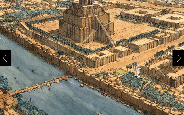 This rendering of Babylon is dominated by the Etemenanki ziggurat as it would have looked during the sixth century B.C.