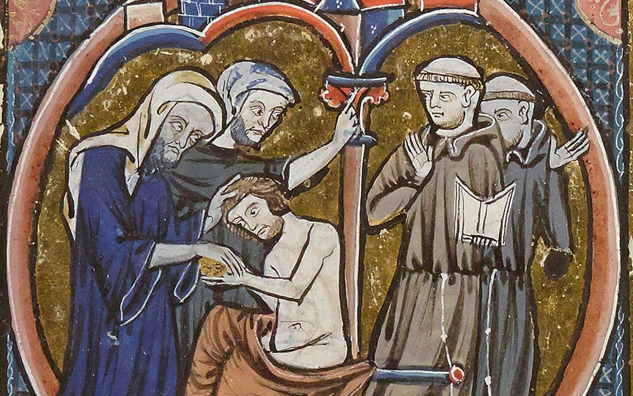 Cathars (left) perform the consolamentum (Cathar baptism) while two Franciscans (right) look on in horror at their heresy in a miniature from a 13th-century French bible moralisée, an instructional Bible picture book.