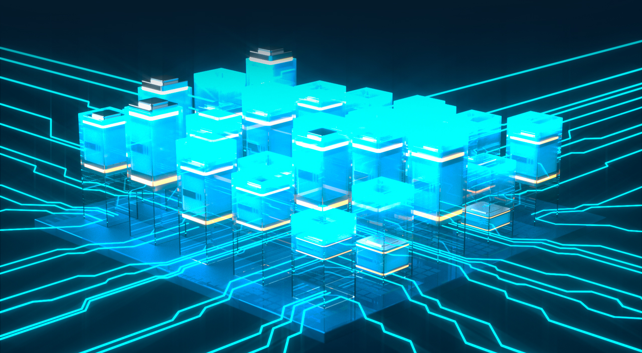 Image description. An image of a 5-by-5 grid of tall, glowing cubes, which represent data centers. Electric-blue currents converge on these data centers, representing the influx of power they require. End of image description.