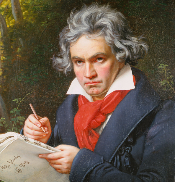 A painting of Ludwig van Beethoven with sheet music.