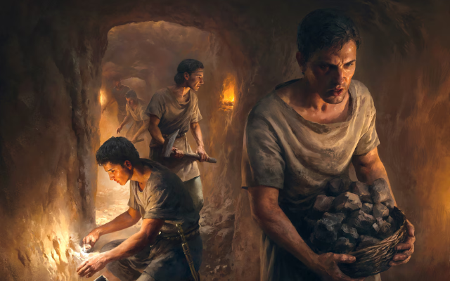 Roman soldiers, likely including legionaries, worked a dimly lit underground mine on the edge of the empire